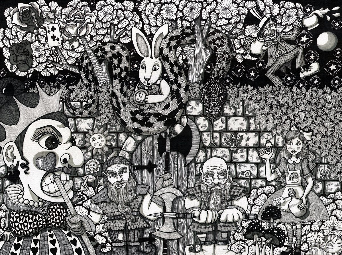 Illustrative Portrait Ink Drawing By Terri Smith, 30 X 22", A Night In Wonderland, Original Artwork