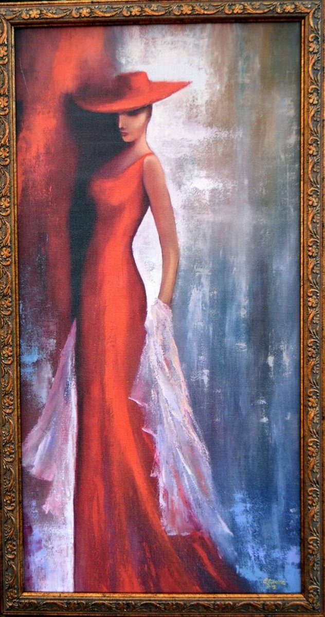 Expressive Portrait Painting By Elena Lukina, 11 X 22, Lady In Red, Original Artwork
