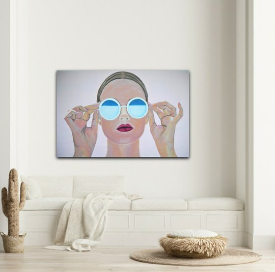 Extra large  painting, Girl with sunglasses / 140 x 90 x 5 cm