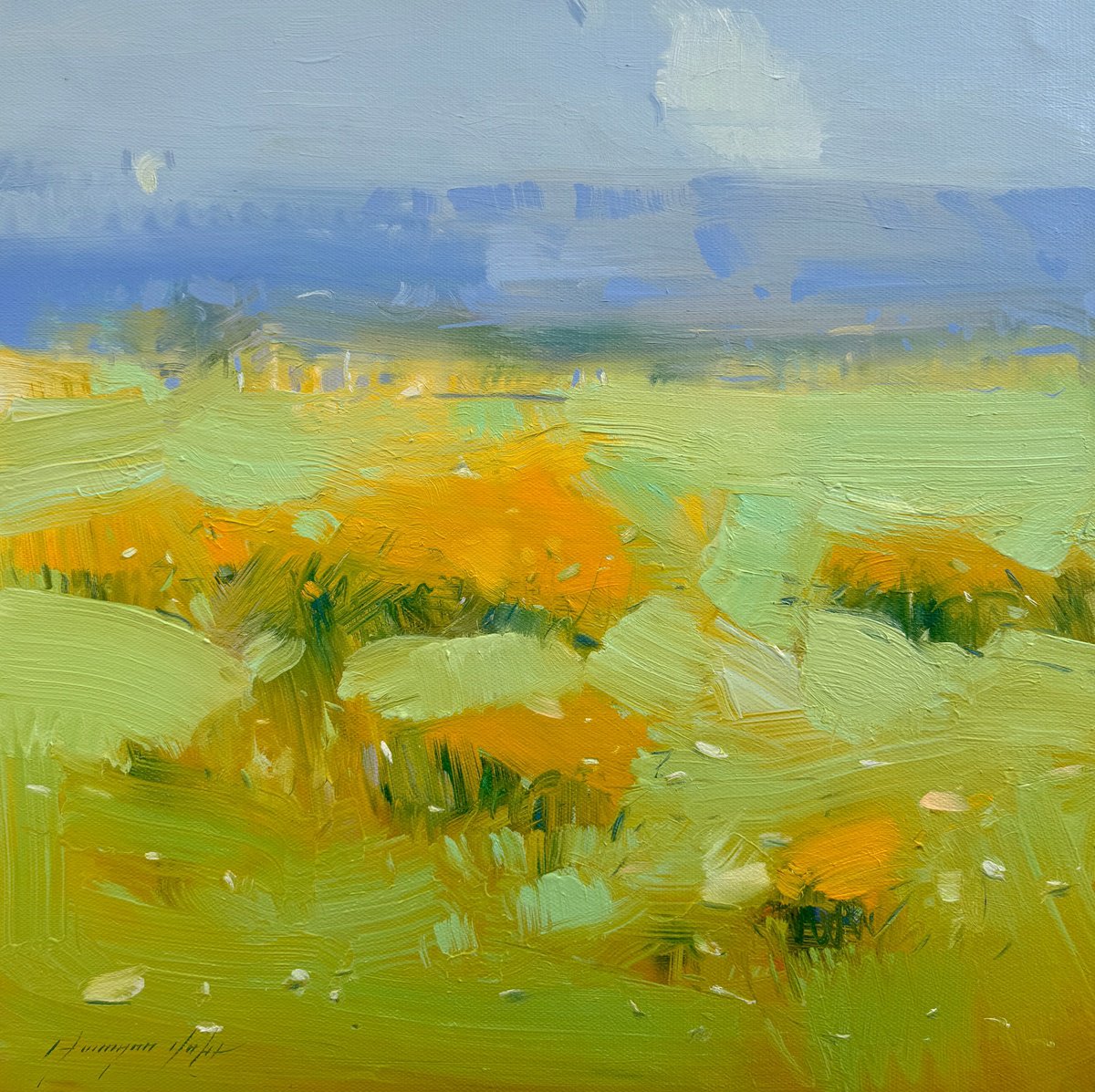 Impressionistic Landscape Oil Painting By Vahe Yeremyan, 20 X 20", Yellow Valley, Original Artwork