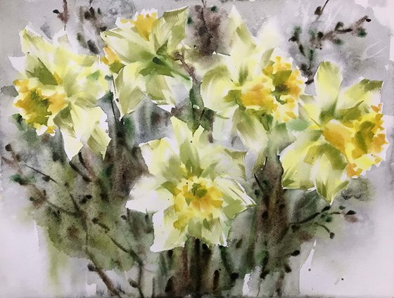 Spring yellow flowers. One of a kind, original painting, handmad work, gift.