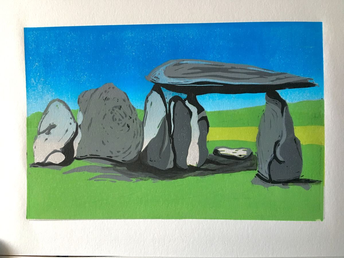 Impressionistic Landscape Linocut By Kaz Jones, 8 X 7", Pentre Ifan, Original Artwork