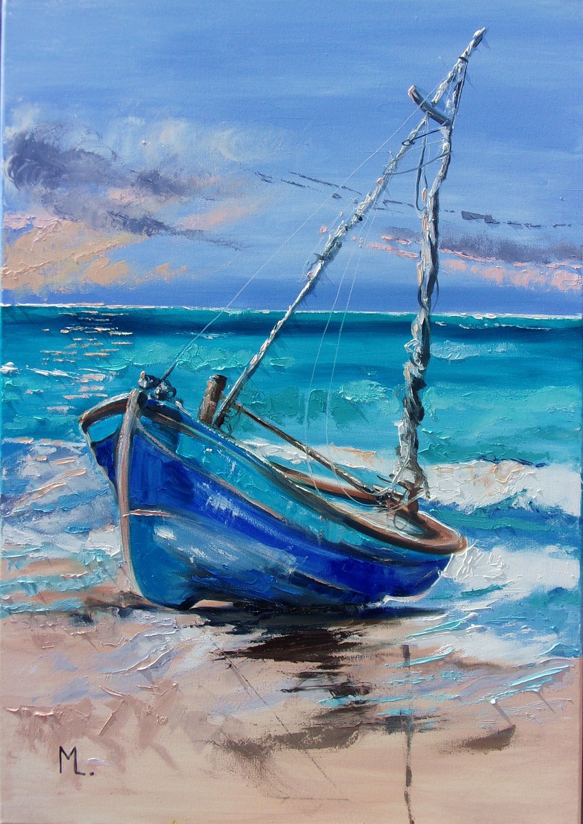 Expressive Oil Painting , Boat Somewhere On A Blue Beach By Monika Luniak, 28 X 39, Artwork For Sale On Artfinder