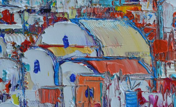 ABSTRACT SANTORINI OIA WINDMILLS AT SUNSET contemporary impressionist abstract cityscape impasto palette knife original oil painting