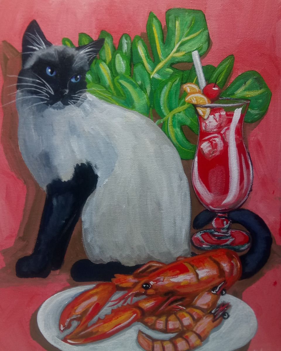 Siamese Cat With Lobster by Terri Kelleher