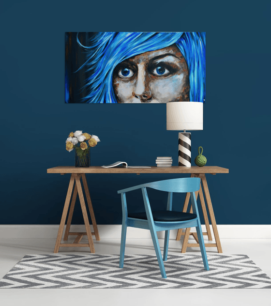 Blue Fear - XXL Original New Contemporary Art Painting Portrait on Large Canvas Ready to Hang