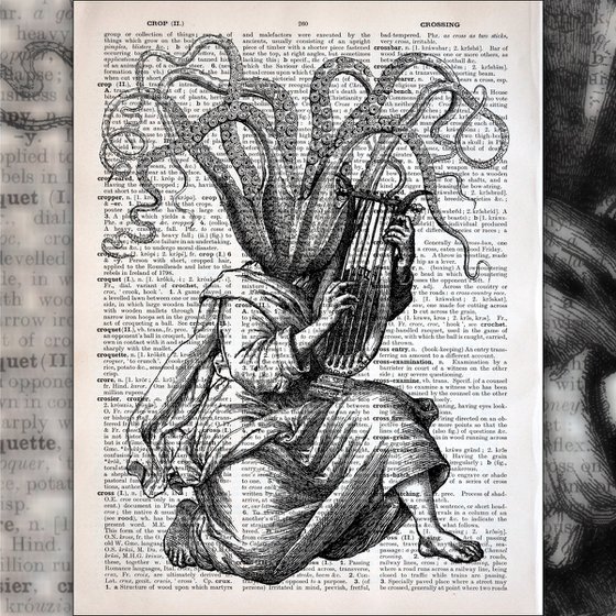 Octopus Musician - Collage Art Print on Large Real English Dictionary Vintage Book Page