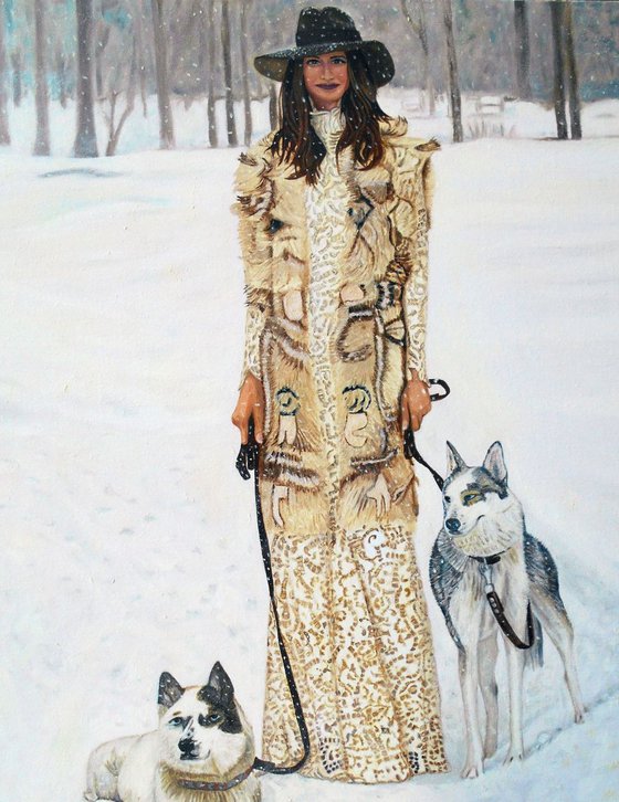 Woman and Dogs in Snow