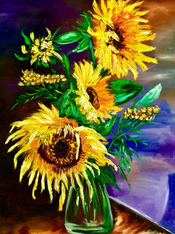 BOUQUET OF SUNFLOWERS SALE.  inspired by VINCENT VAN GOGH . palette knife modern  oil still life painting on blue purple pink yellow Dutch style office home decor gift