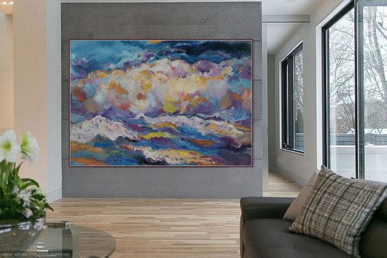 CLOUDS OVER THE CASPEAN SEA - large original impressionistic painting, blue sky landscape, skyscape cloudscape