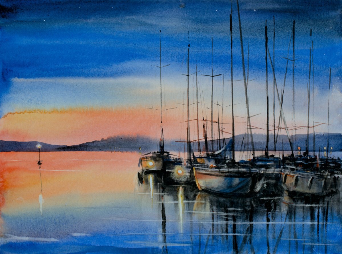 Impressionistic Landscape Watercolour By Eve Mazur, 16 X 12, Marina, Original Artwork