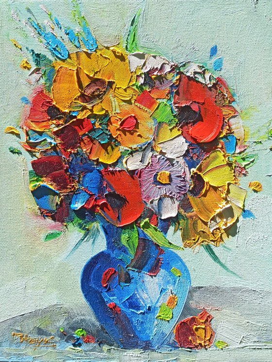 Field flowers in vase-1 (27x38cm, oil painting,  ready to hang)