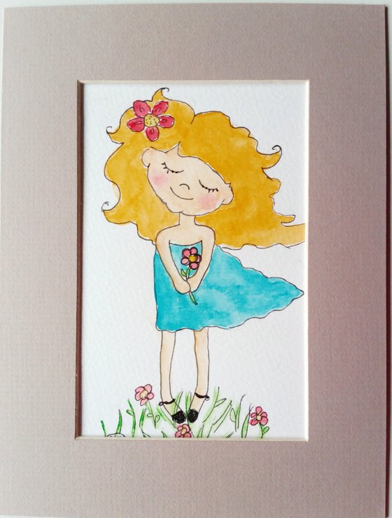 Girl with Flowers. Mounted Miniature