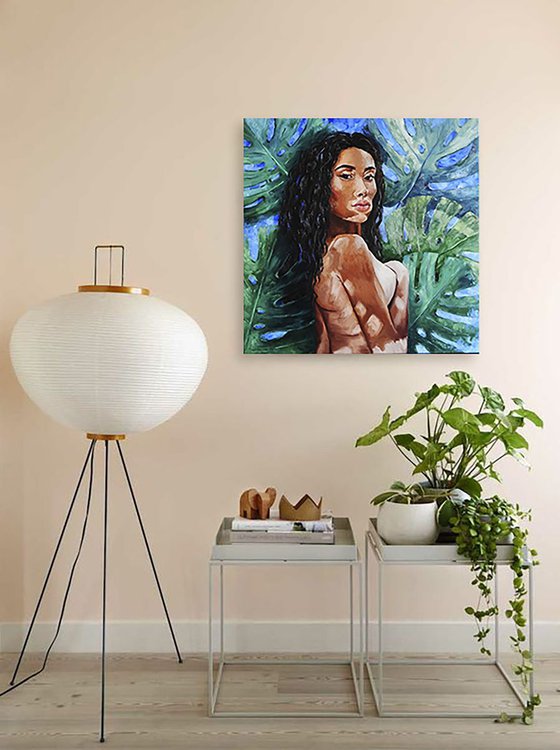 Black Woman Portrait with Monstera Floral Background Original Oil Painting