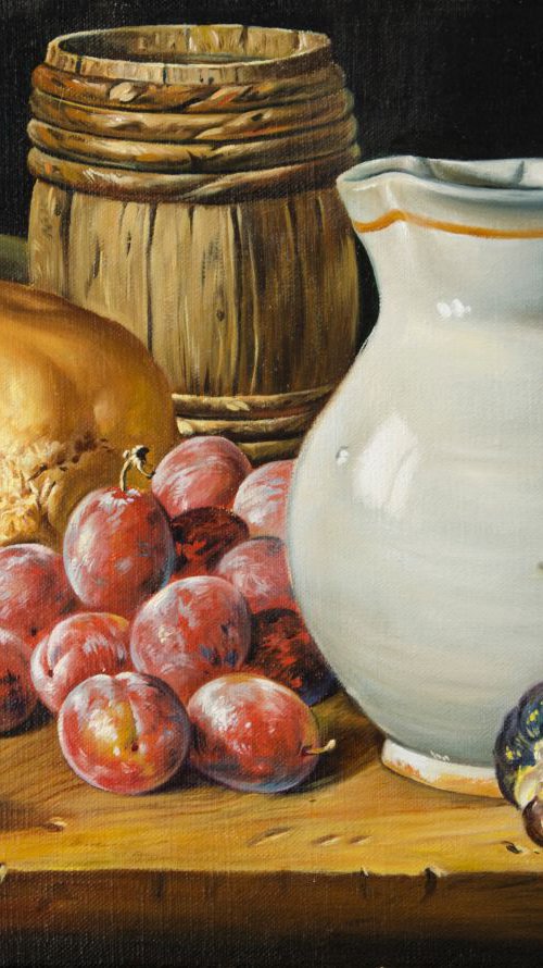 Still life with a jug, plums and bread. Original hand-made oil painted replica. by Daria Galinski