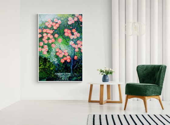 Pink flowers on the tree. Original oil painting on canvas. Extra large oil painting