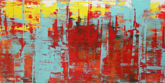 XL Abstract Painting - Static in Red - 180x90 cm - Ronald Hunter - 17D