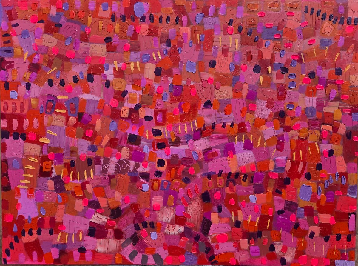 Geometric Abstract Oil Painting By Stacy Neasham, 48 X 36", The Exuberance Of Red, Original Artwork