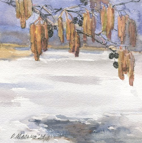 An alder catkins and the last ice / Original artwork. Spring watercolor sketch. River landscape with tree branch by Olha Malko