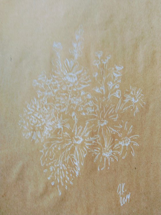 Autumn flowers. Drawing in white ink on beige paper.