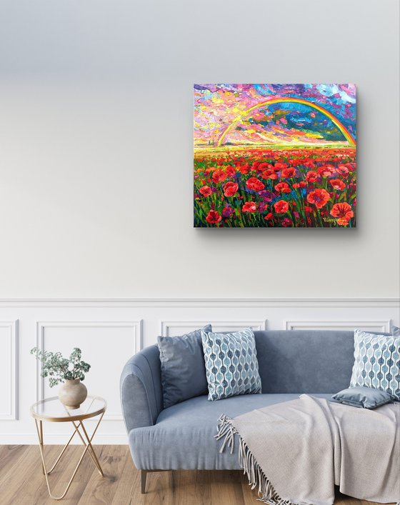Rainbow on the poppies field