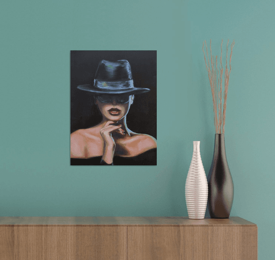 Woman Portrait Lady in Hat with Sunglasses Femme Fatale Black Art