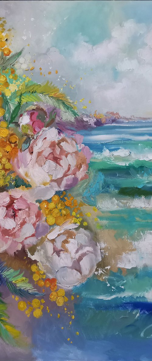 Floral painting with sea, Oean wall art, Flowers original painting by Annet Loginova