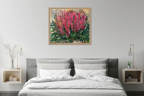 FLOWERBED - Floral art, landscape, original painting, oil on canvas, flowers in the garden, nature,  red summer flowerbed, bloom, interior art home decor, gift