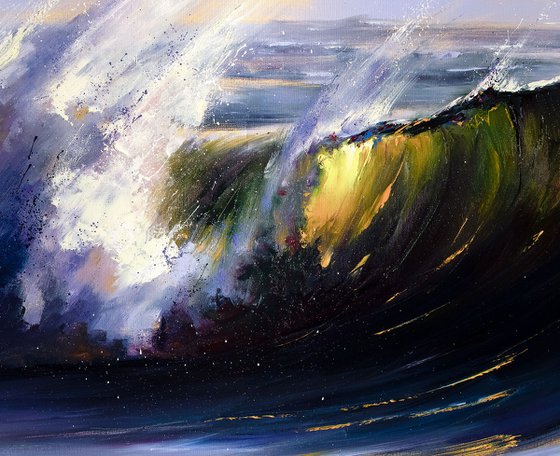 Golden Glass Wave. Seascape painting