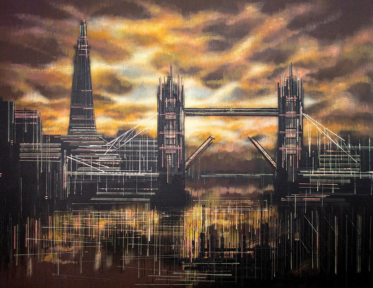 Impressionistic Cityscapes Acrylic Painting By Marc Todd, 36 X 28", Tower Bridge Sunset, Original Artwork