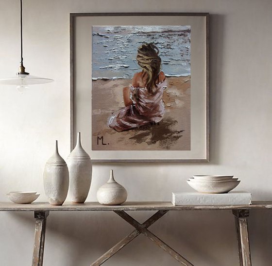 " LISTENING TO SILENCE I ... " original painting SEA spring palette knife GIFT