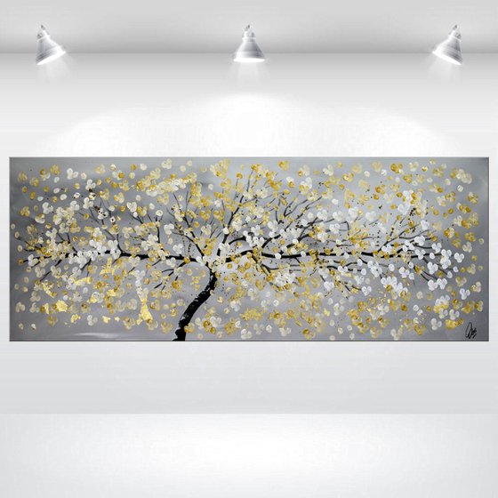 Golden Day II -  acrylic abstract painting cherry blossoms nature painting framed canvas wall art