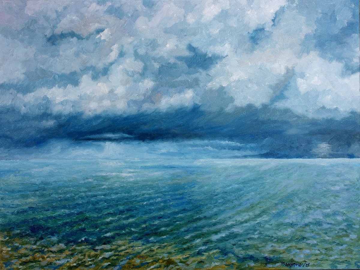 Impressionistic Landscape Oil Painting By Juri Semjonov, 31 X 24", Silence Before The Storm, Original Artwork