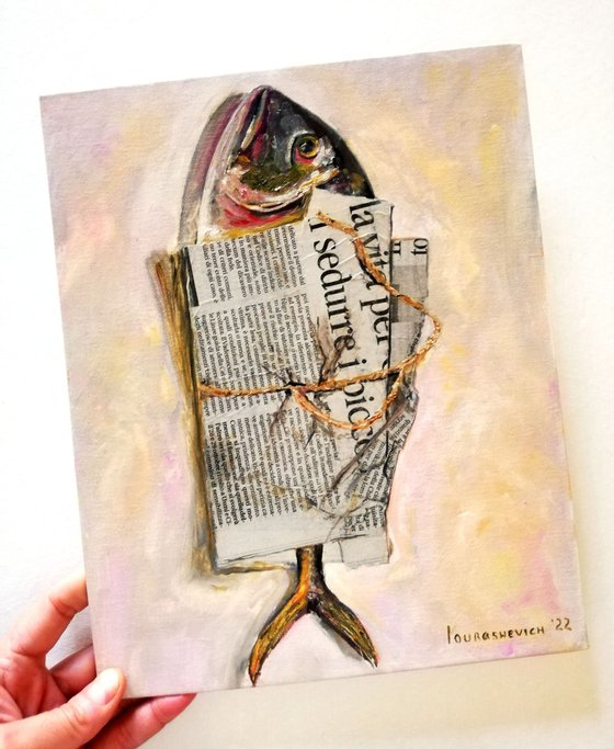 "Fish wrapped in a Newspaper Bag" Original Oil on Canvas Board Painting 12 by 10" (30x25cm)