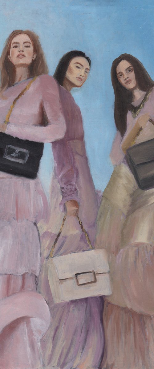 painting of 3 women fashion models oil on paper by Renske Karlien Hercules