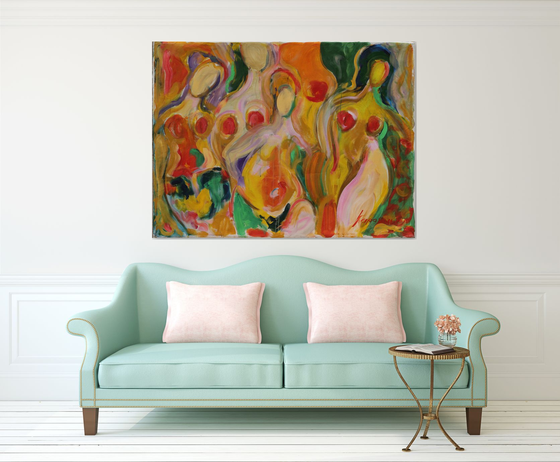 FRUIT AND MOTH - nude abstract original painting, bathers theme, large size