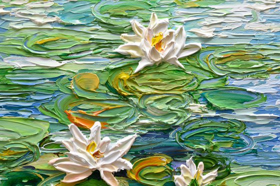 Water Lilies Pond III - Impasto Floral Art, Palette Knife Painting