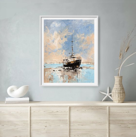 Waiting for the Tide. The Old Trawler, ship.