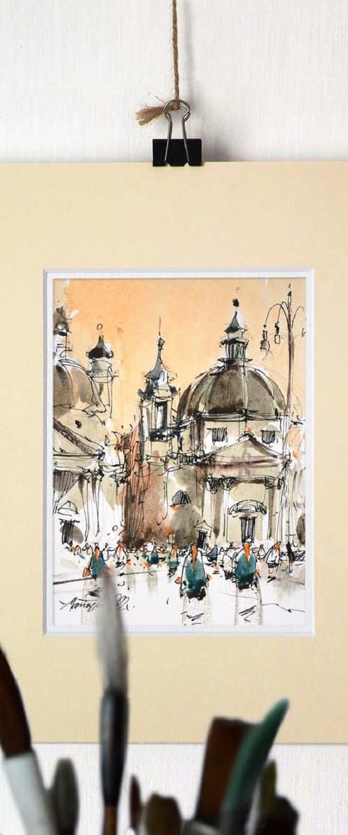 Watercolor painting of Piazza del Popolo in Rome by Marin Victor
