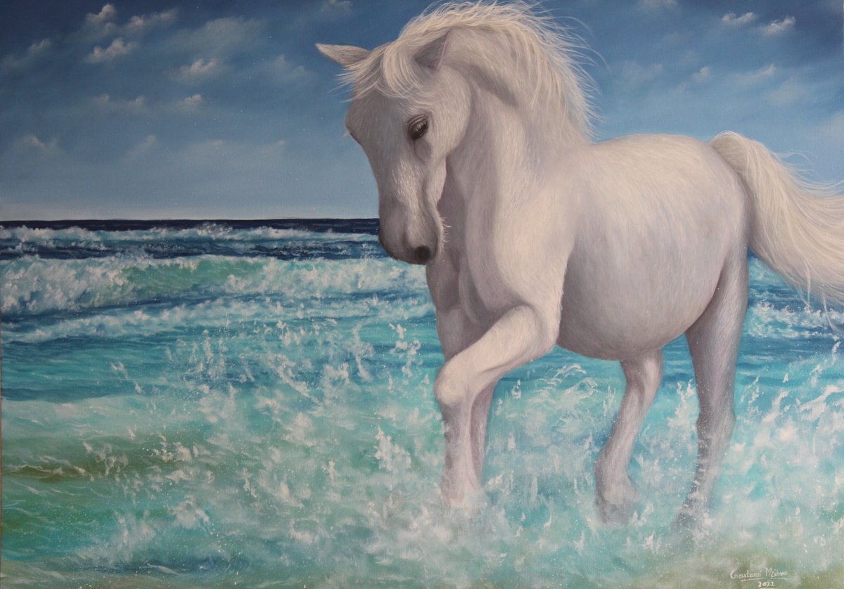 White horse at sea by Goutami Mishra
