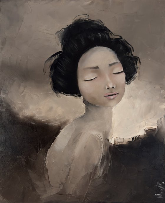 Abstract Geisha Portrait impasto brown tones