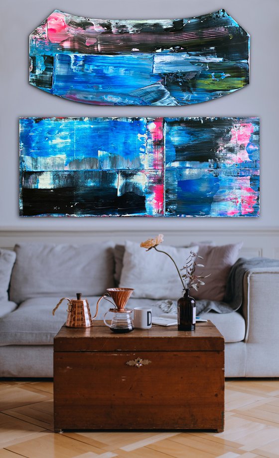 Sturm Und Drang - Original PMS Abstract Acrylic Painting Diptych On Recycled Wood and Wooden Desk Panels - 48" x 40"