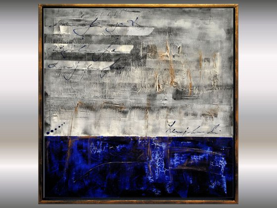 Gold on Blue  - abstract acrylic painting, canvas wall art, blue grey, framed modern art
