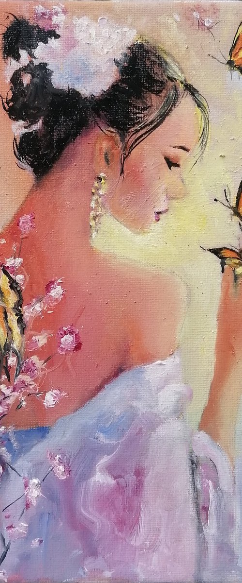 Portrait of a woman playing with Butterflies by Susana Z. Harris