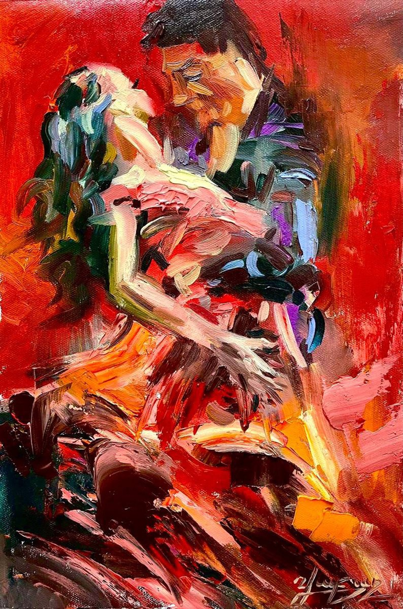 Impressionistic Portrait Oil Painting By Vahe Bagumyan, 11 X 16", The Dance Of Affection, Original Artwork