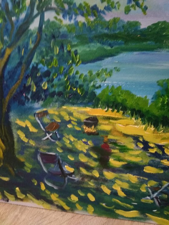 Camping With Friends. Plein Air Oil Painting