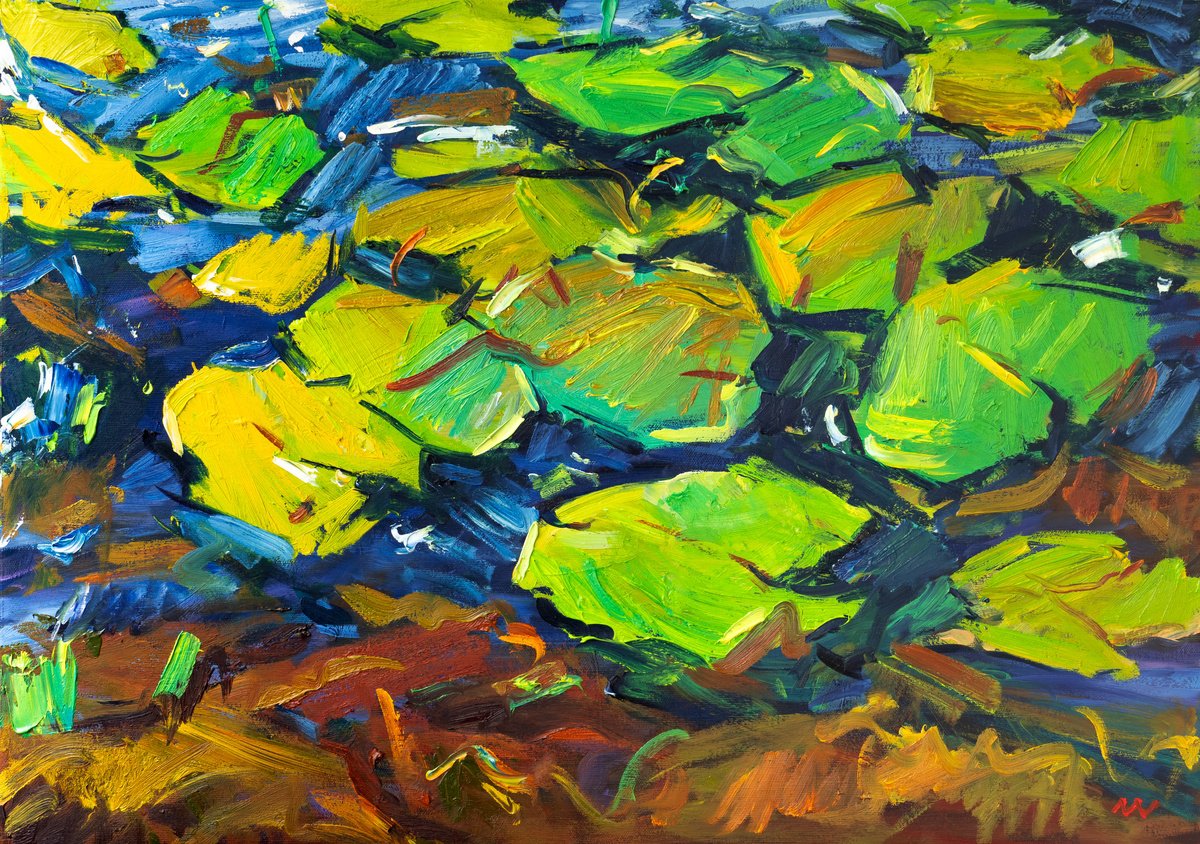 Impressionistic Botanical Oil Painting By Vasyl Moldavchuk, 28 X 20", Water Lilies And Waves, Original Artwork