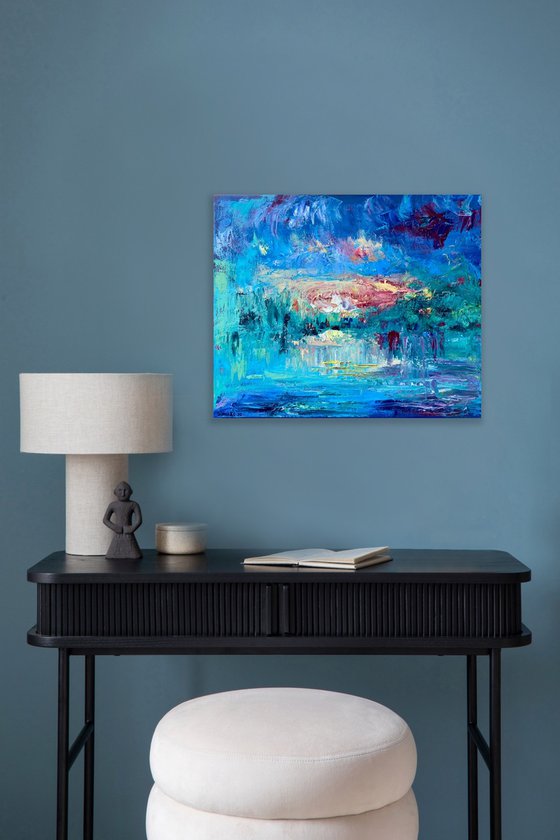 Sunset - Explosion of color, 50*60cm, abstract impressionistic landscape oil painting with a bit texture