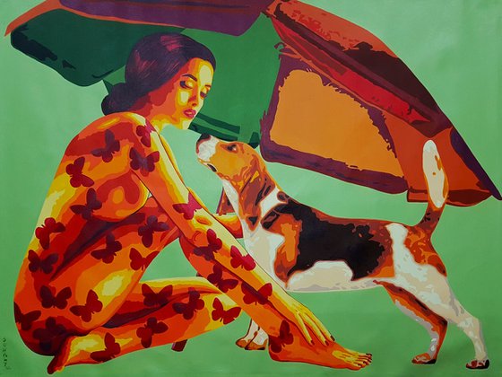 Lady, dog and beach umbrella
