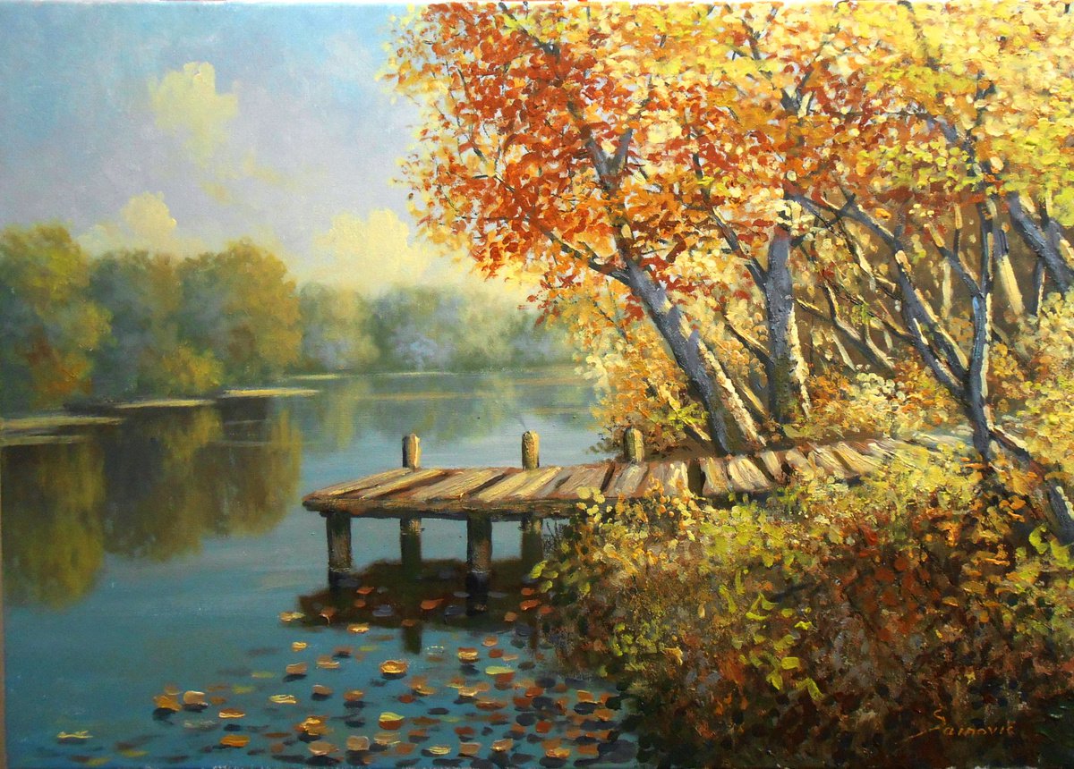 On the river, oil on canvas, Impressionism, Original Landscape, EXTRA PRICE by Borko Sainovic